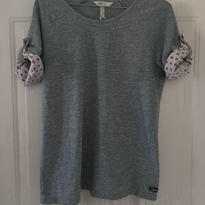 Matilda Jane Gray Literary Top with Pink Polka Dot Cuffs